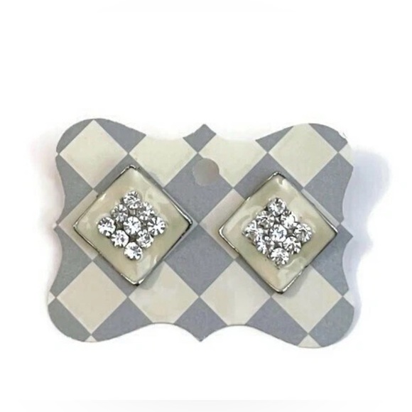 Rhinestone Off White and Silver Square Earrings Costume Jewelry - Picture 1 of 3